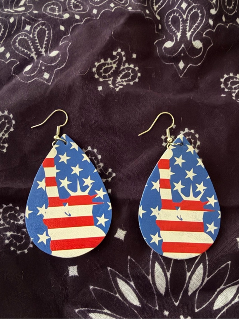 Patriotic Stars & Stripes Teardrop Leather Earrings - Red, White & Blue